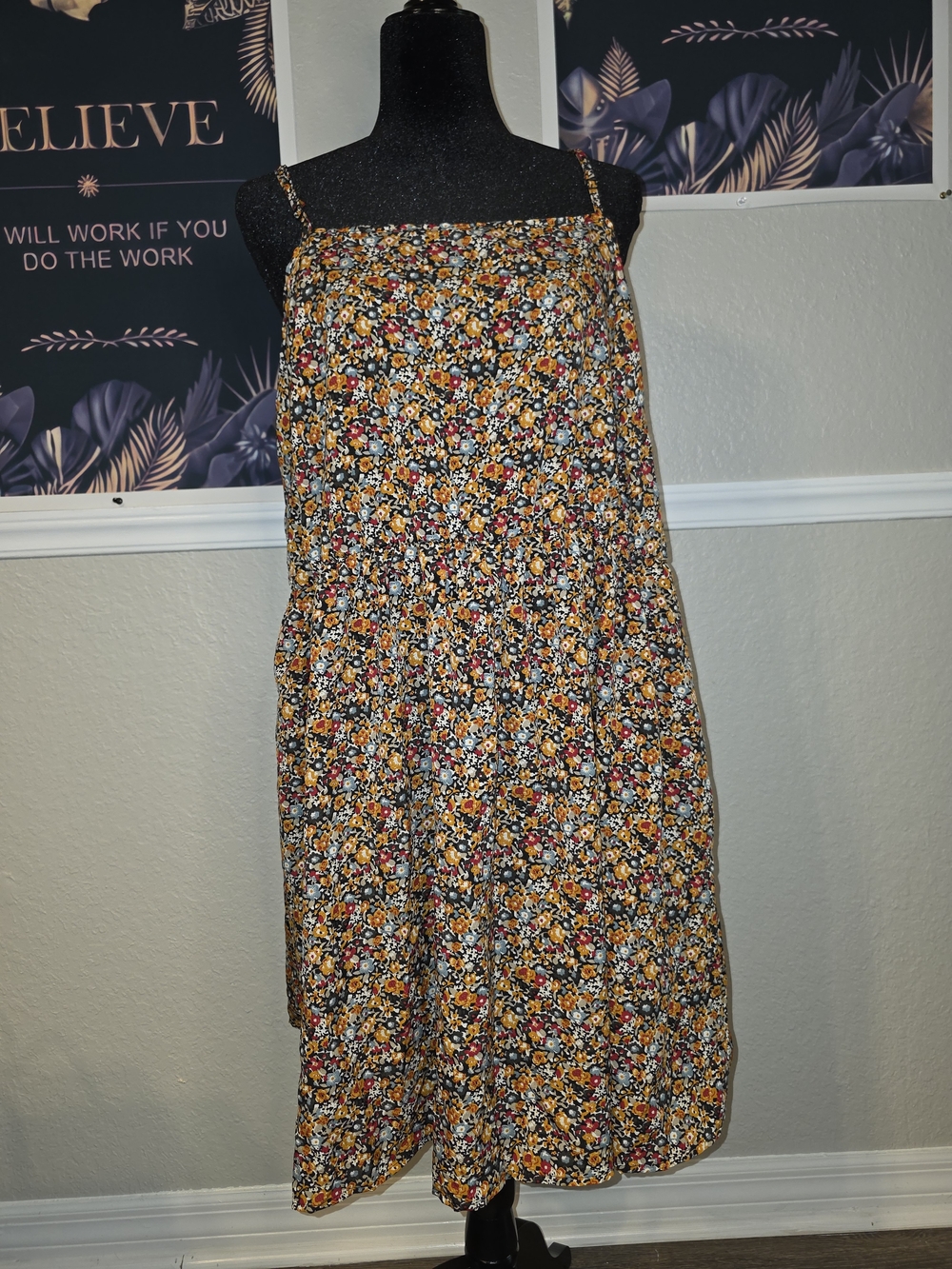 JBL Floral Smocked Midi Skirt in Mustard, Black, and Red